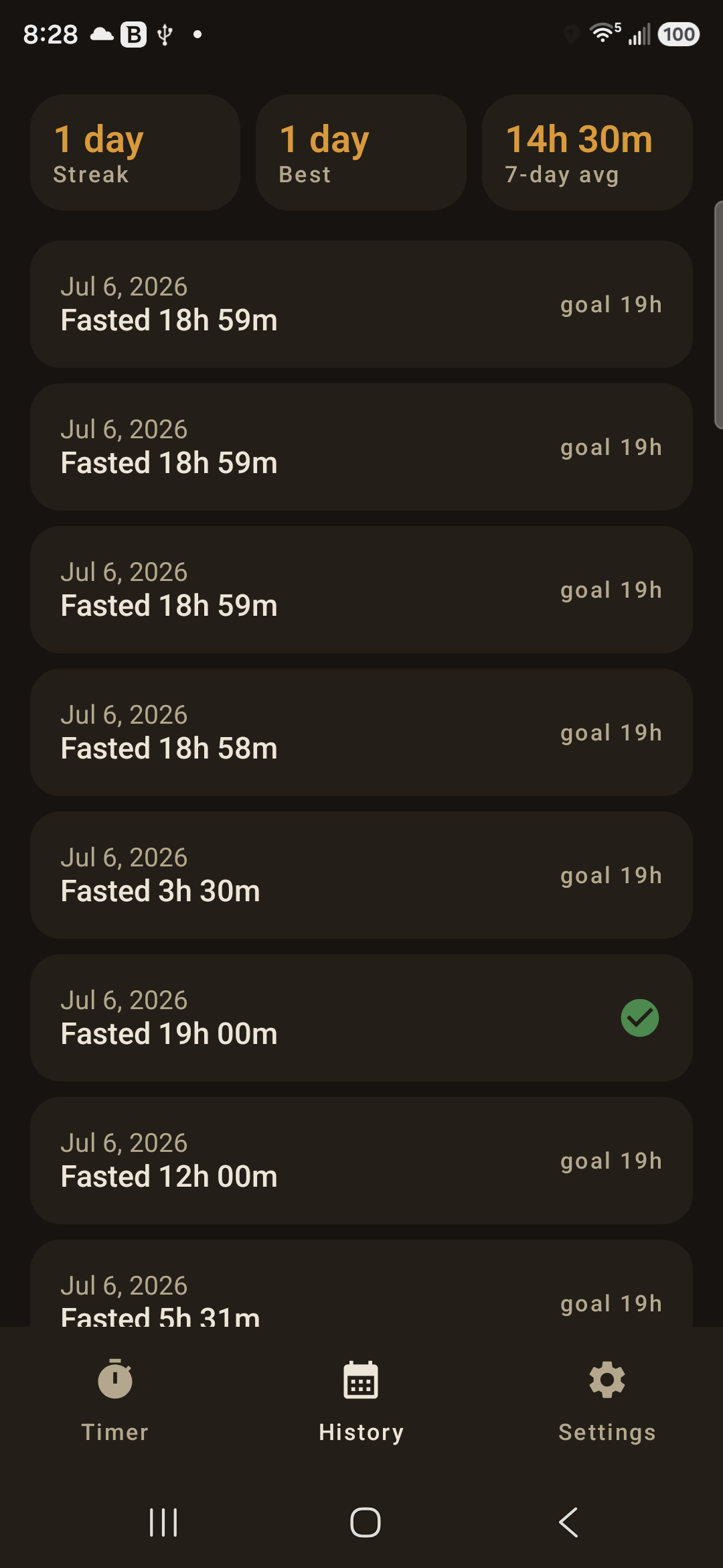 History with streak, best and 7-day average plus a list of logged fasts