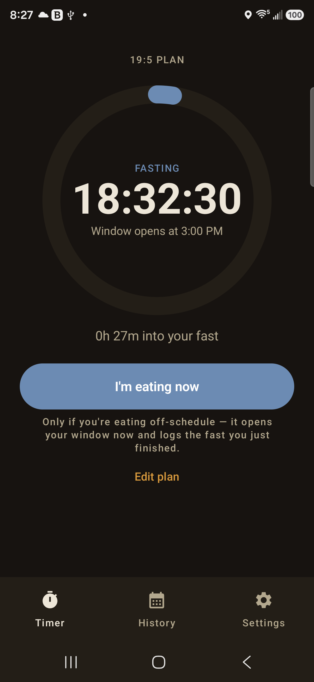 PlainFasting timer showing 18 hours 32 minutes left of a fast on a 19:5 plan